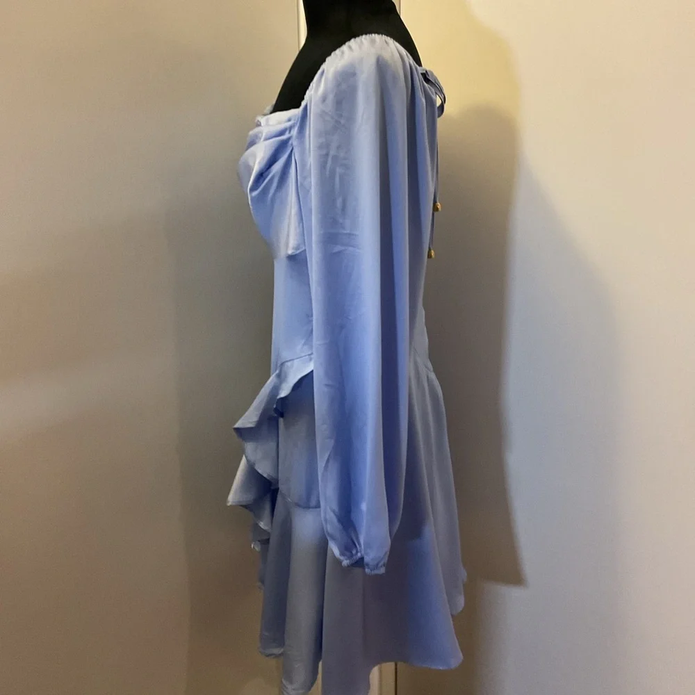 SHEIN Baby Blue Asymmetrical Balloon Sleeve Dress L Large Ruffle Square Neck - Picture 6 of 10